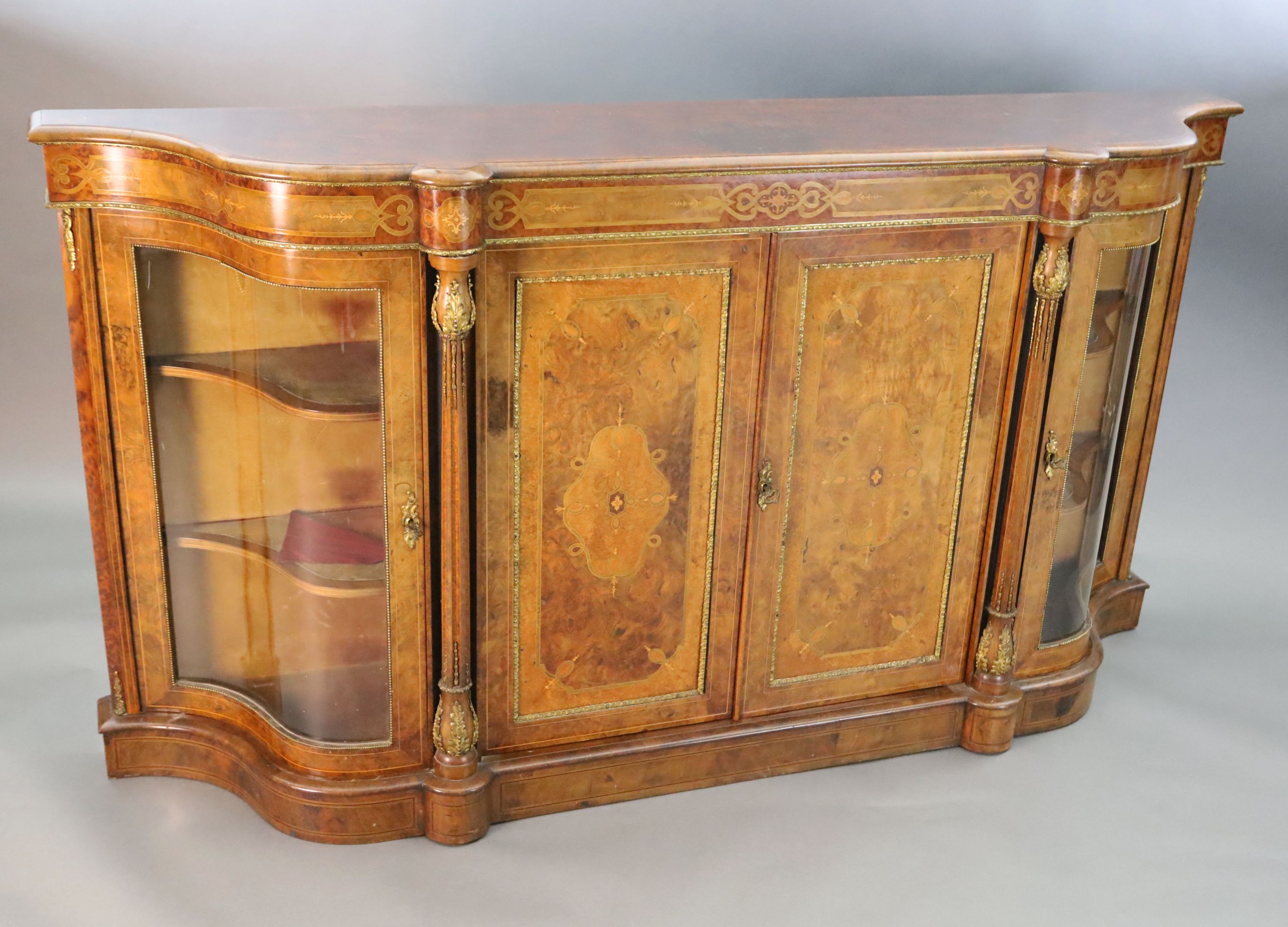 A Victorian figured walnut and marquetry side cabinet, W.6ft 6in. D.1ft 5in. H.3ft 6in.